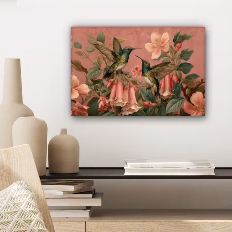 Canvas schilderij - Kolibries - Bloemen - Groen - Roze — 5