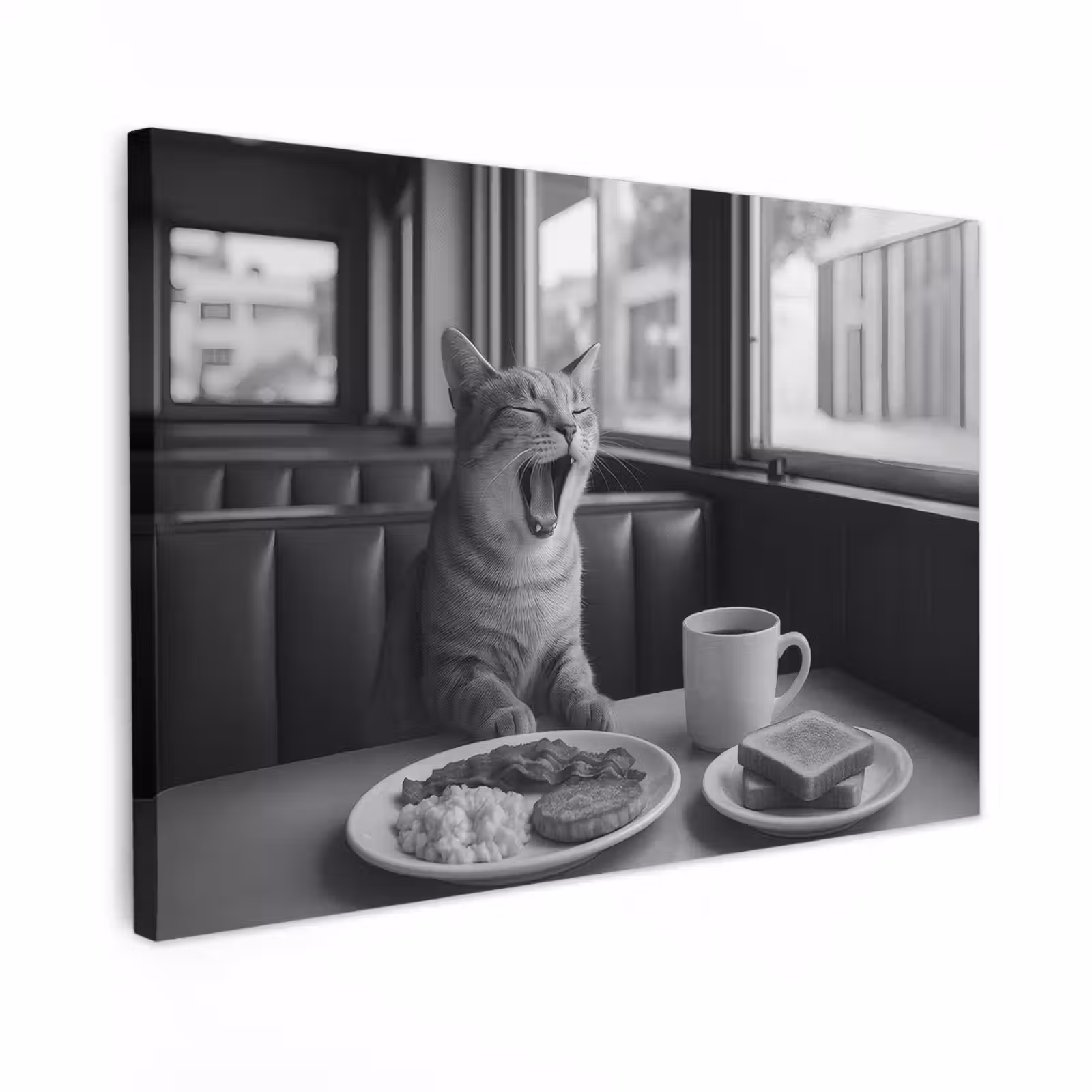 Canvas schilderij - Kat - Koffie - Brood - Zwart — 1