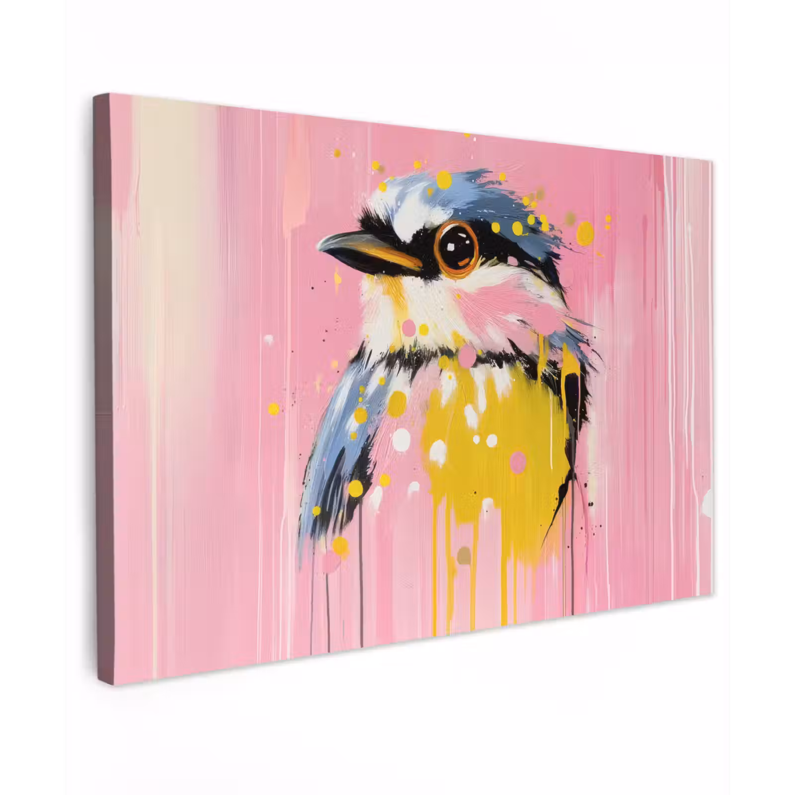 Canvas schilderij - Vogel - Roze - Geel - Blauw — 1
