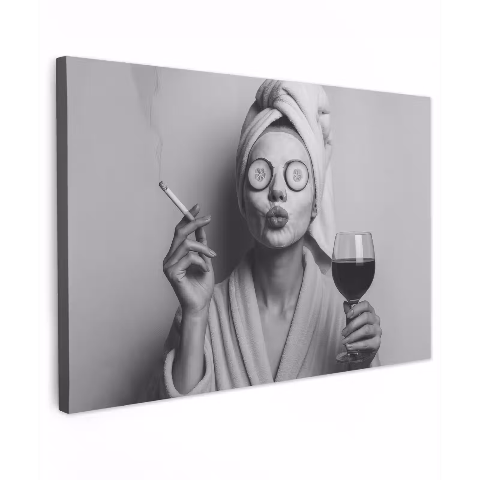 Canvas schilderij - Vrouw - Masker - Wijn - Sigaret — 1