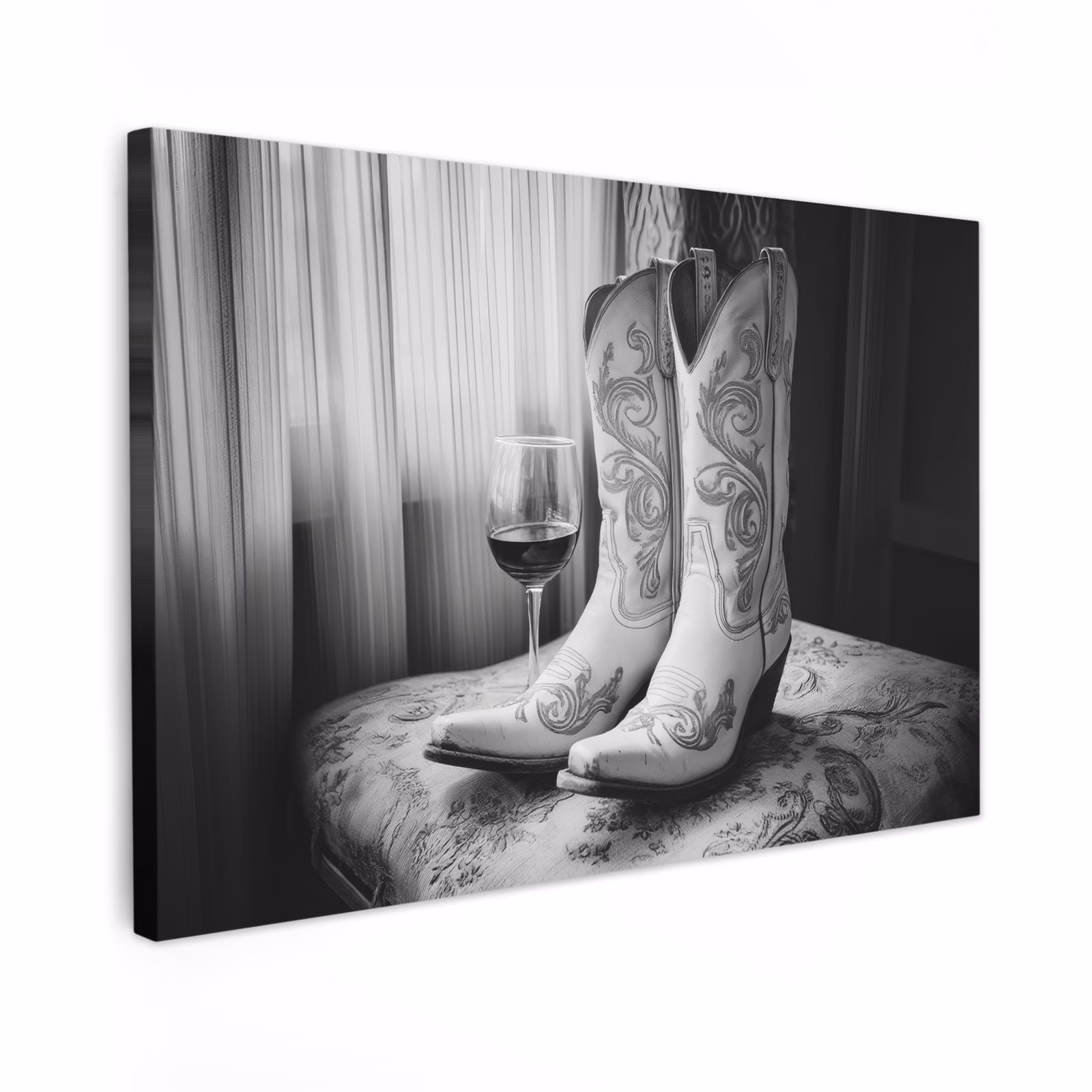 Canvas schilderij - Wijn - Cowboylaarzen - Raamlicht - Wit — 1