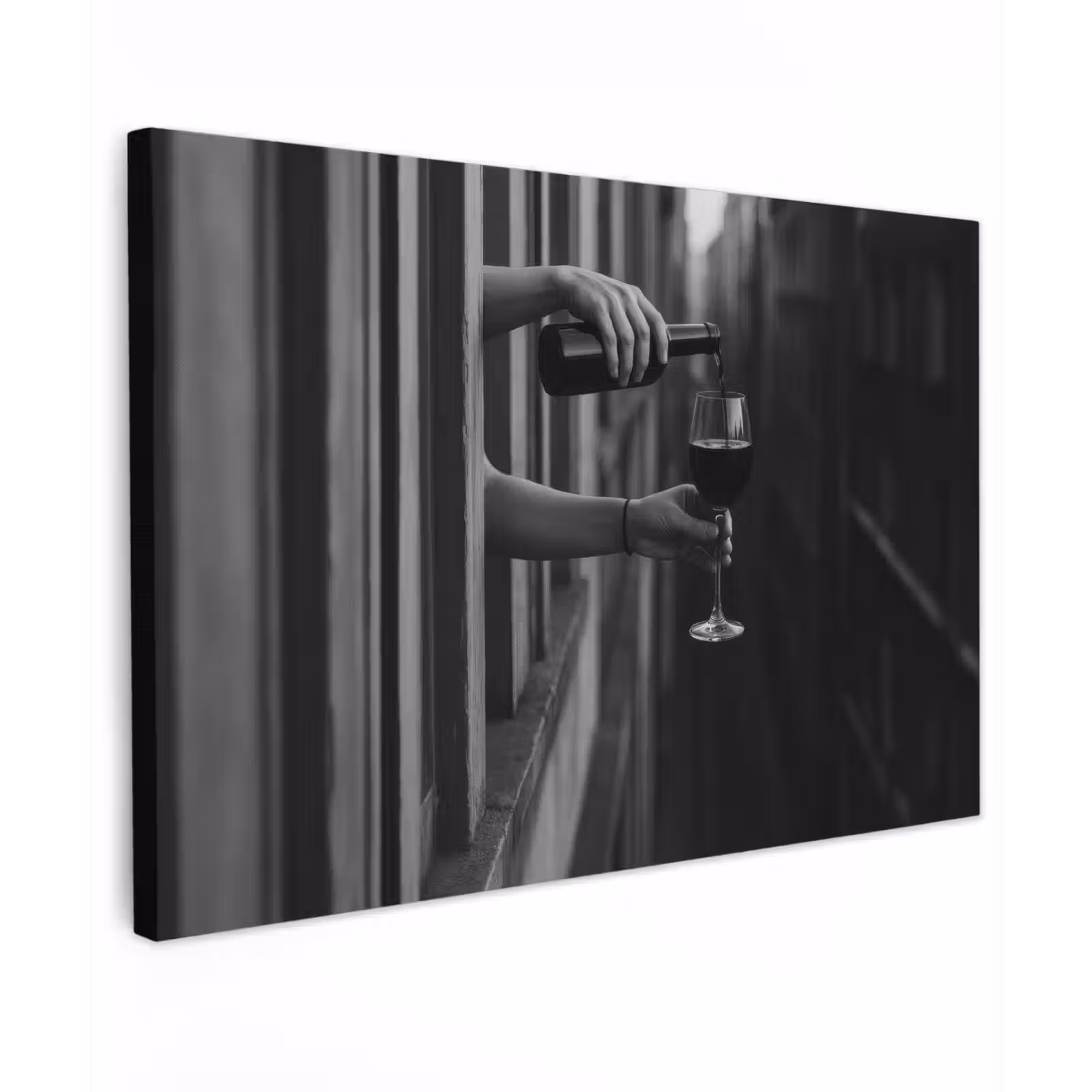 Canvas schilderij - Wijnfles - Glas - Handen - Raam — 1