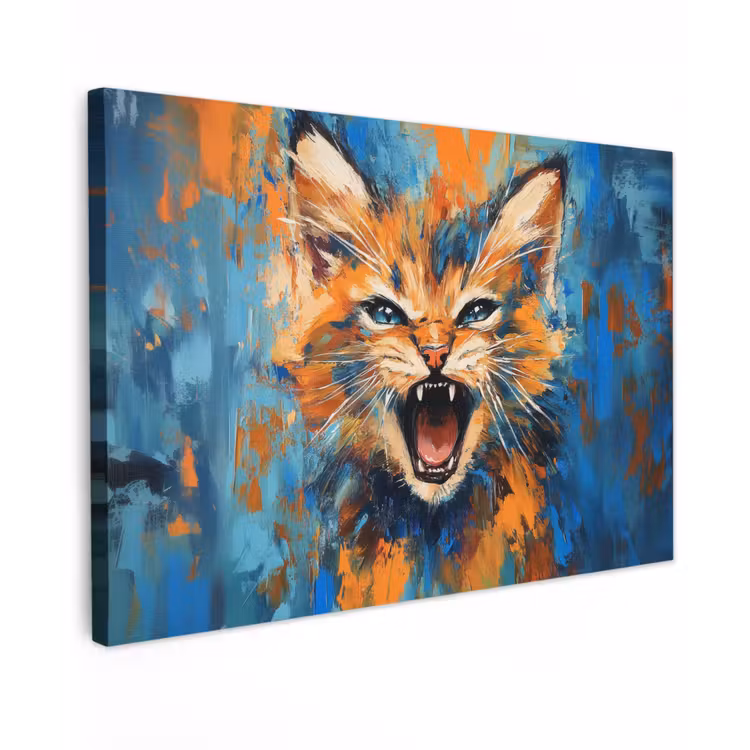 Canvas schilderij - Kat - Kleurrijk - Oranje - Blauw — 1