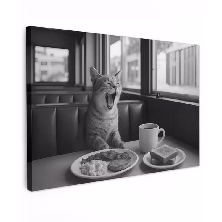 Canvas schilderij - Kat - Koffie - Brood - Zwart — 1