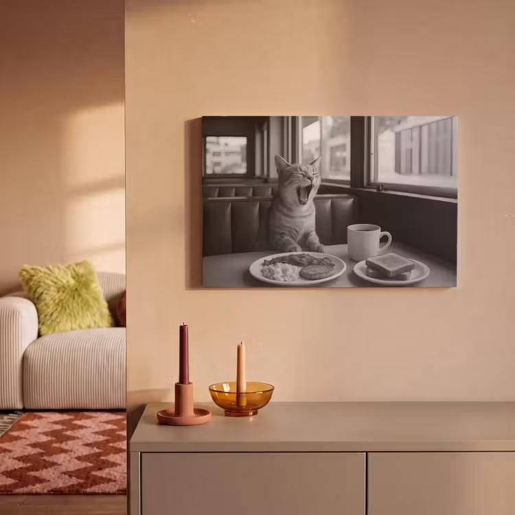 Canvas schilderij - Kat - Koffie - Brood - Zwart — 2