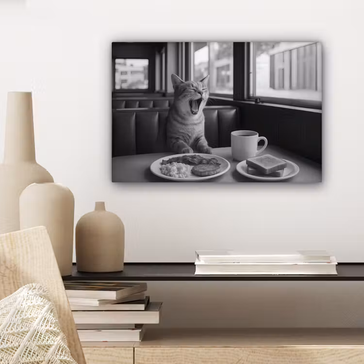 Canvas schilderij - Kat - Koffie - Brood - Zwart — 5