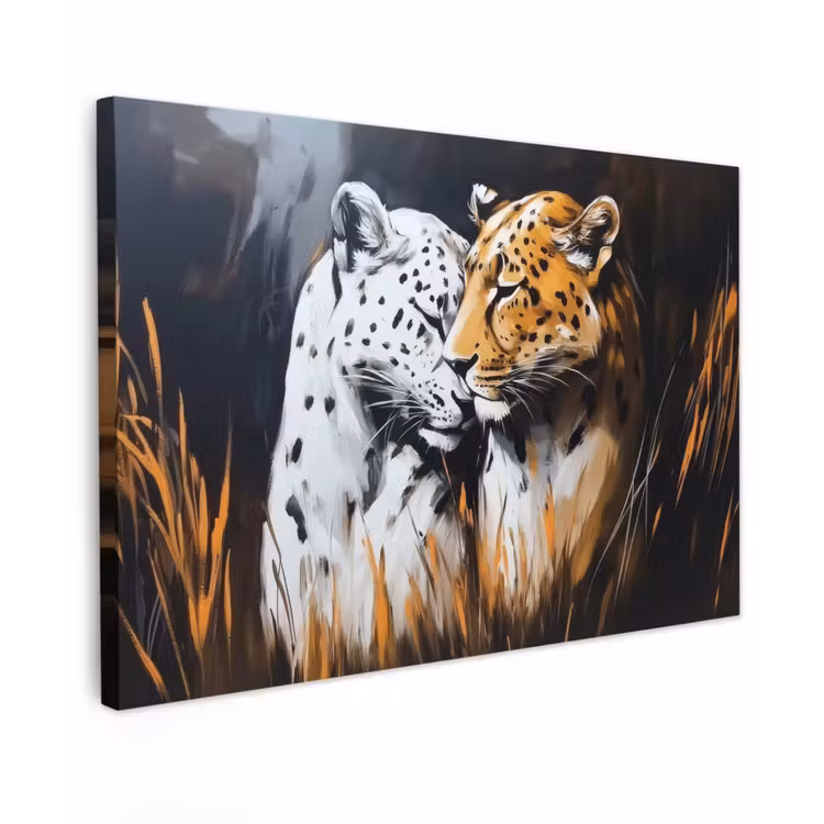 Canvas schilderij - Luipaard - Oranje - Wit - Gras — 1