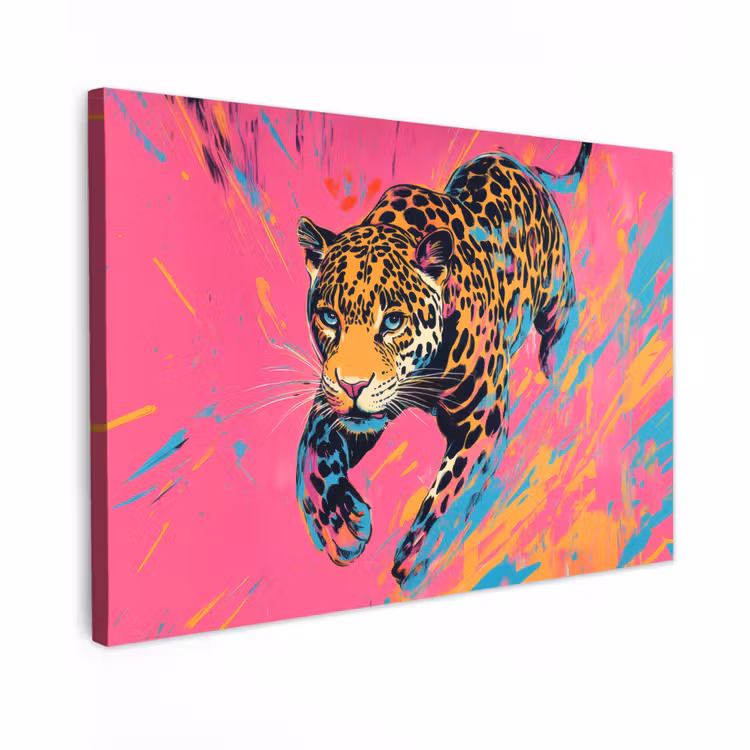Canvas schilderij - Luipaard - Roze - Oranje - Blauw - Verf — 1