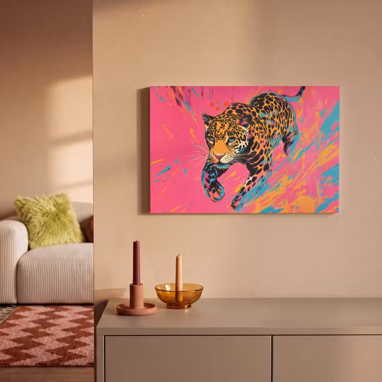 Canvas schilderij - Luipaard - Roze - Oranje - Blauw - Verf — 2