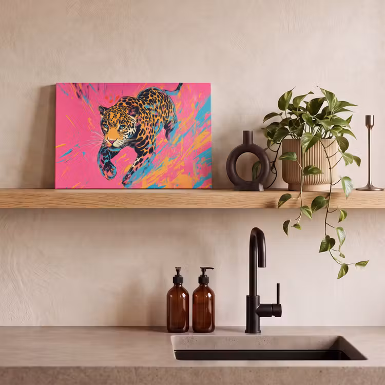 Canvas schilderij - Luipaard - Roze - Oranje - Blauw - Verf — 3