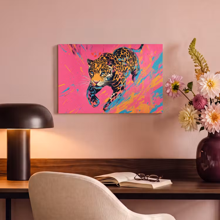 Canvas schilderij - Luipaard - Roze - Oranje - Blauw - Verf — 4
