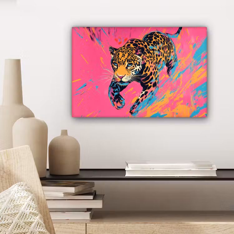 Canvas schilderij - Luipaard - Roze - Oranje - Blauw - Verf — 5