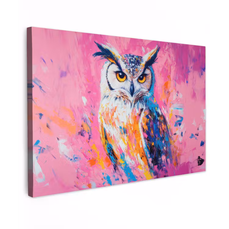 Canvas schilderij - Uil - Roze - Blauw - Verf - Abstract — 1