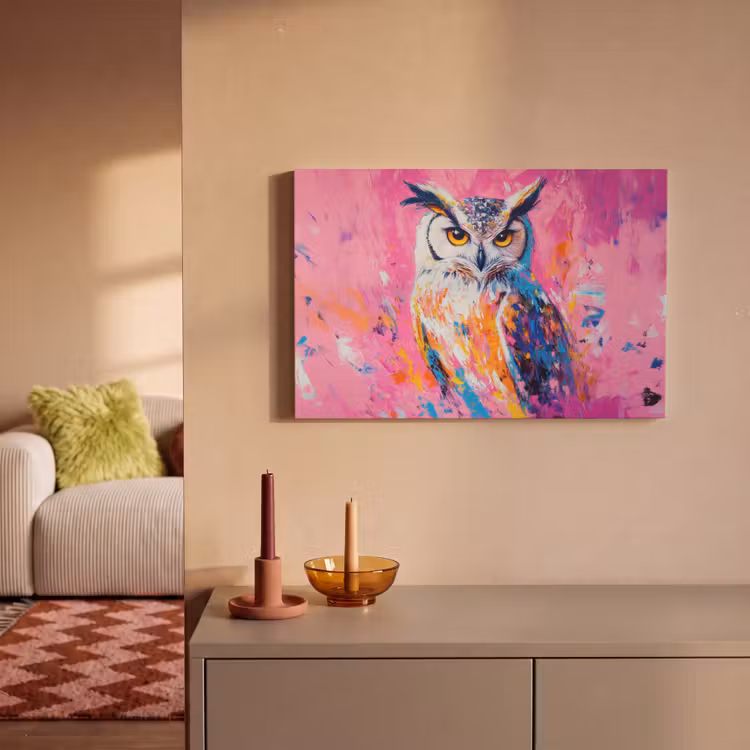Canvas schilderij - Uil - Roze - Blauw - Verf - Abstract — 2