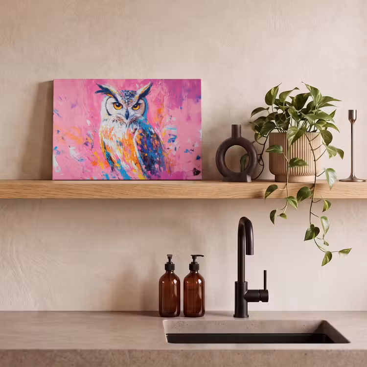 Canvas schilderij - Uil - Roze - Blauw - Verf - Abstract — 3