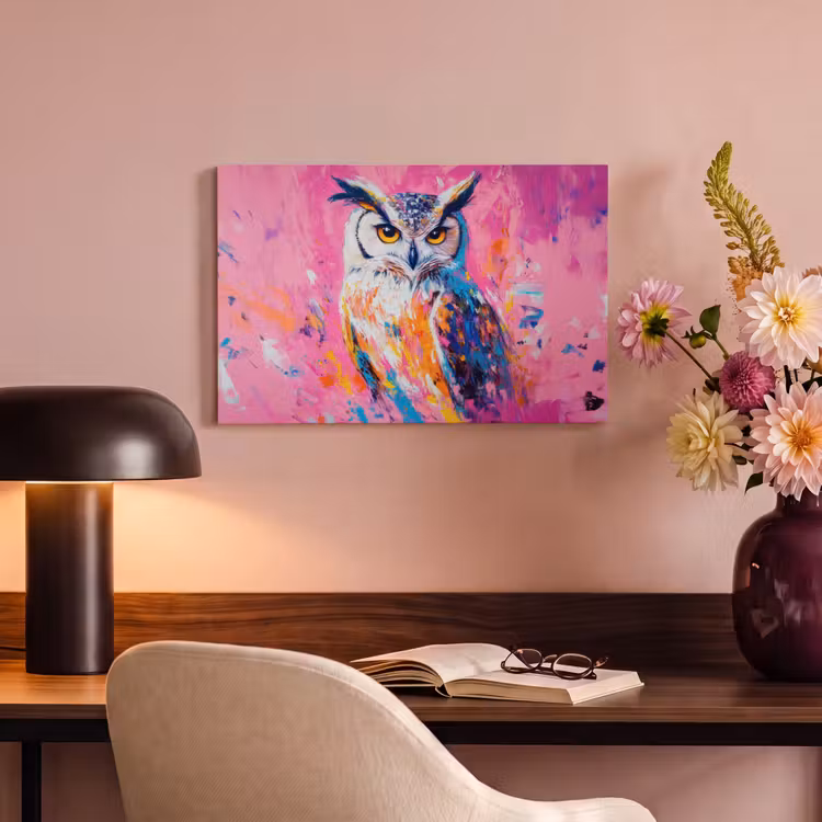 Canvas schilderij - Uil - Roze - Blauw - Verf - Abstract — 4