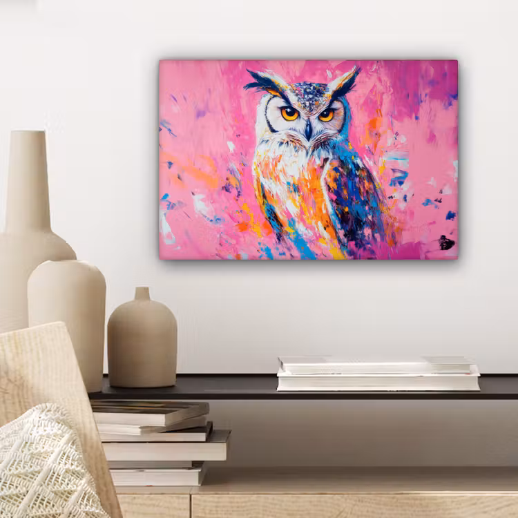 Canvas schilderij - Uil - Roze - Blauw - Verf - Abstract — 5
