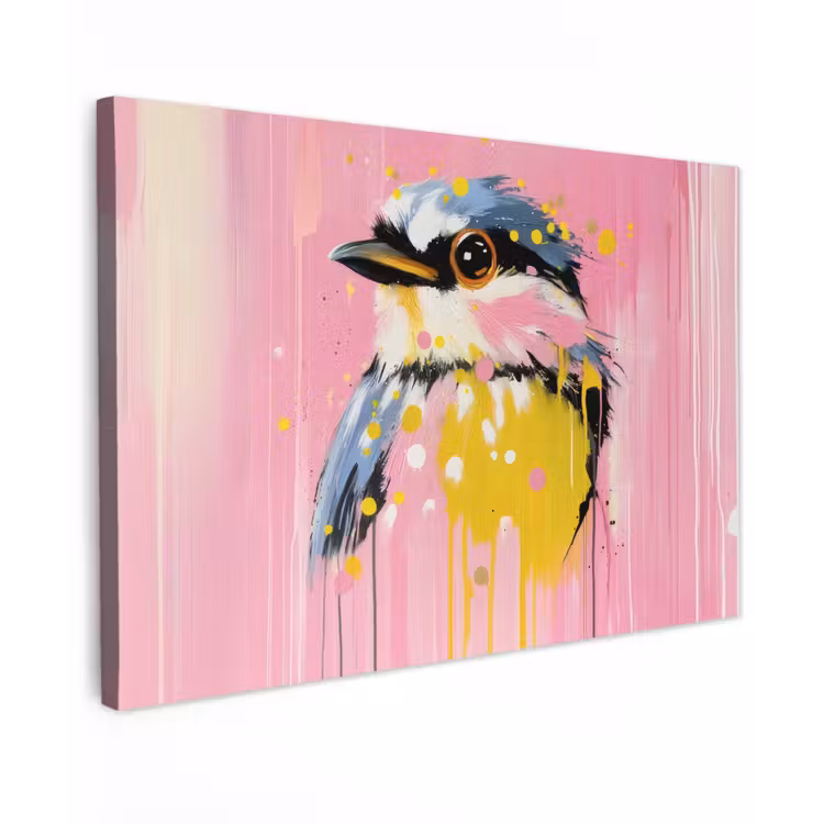 Canvas schilderij - Vogel - Roze - Geel - Blauw — 1