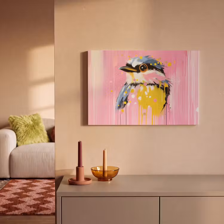 Canvas schilderij - Vogel - Roze - Geel - Blauw — 2
