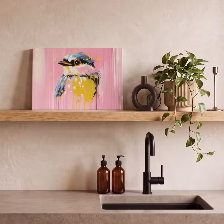 Canvas schilderij - Vogel - Roze - Geel - Blauw — 3