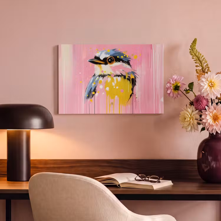 Canvas schilderij - Vogel - Roze - Geel - Blauw — 4