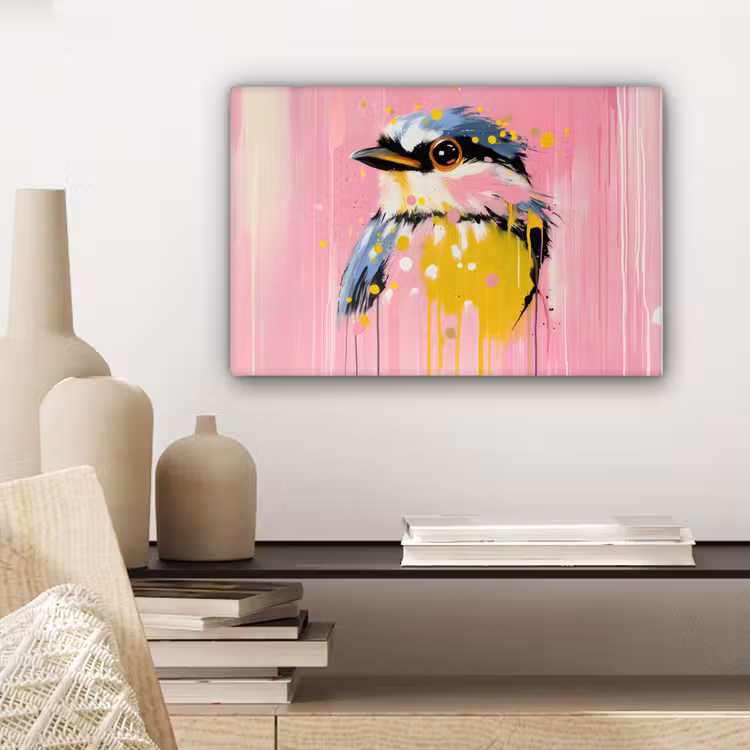 Canvas schilderij - Vogel - Roze - Geel - Blauw — 5
