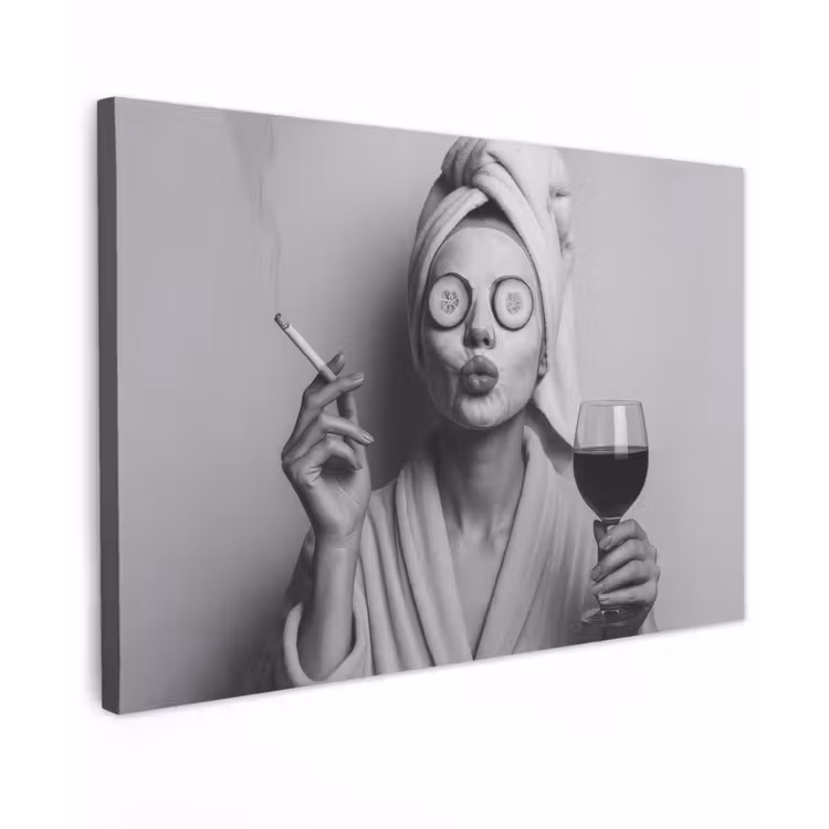 Canvas schilderij - Vrouw - Masker - Wijn - Sigaret — 1