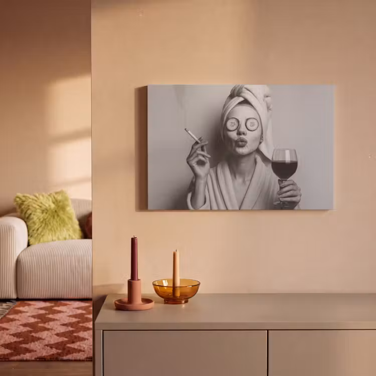 Canvas schilderij - Vrouw - Masker - Wijn - Sigaret — 2