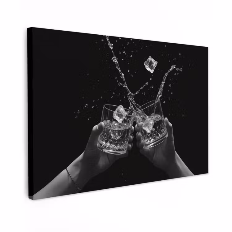 Canvas schilderij - Whiskyglazen - Ijs - Spetters - Zwart — 1