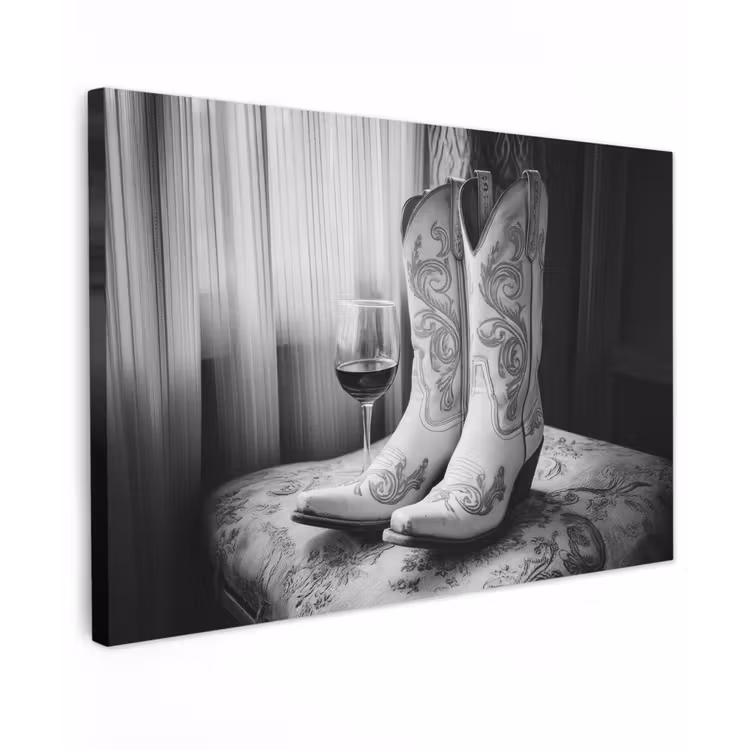 Canvas schilderij - Wijn - Cowboylaarzen - Raamlicht - Wit — 1