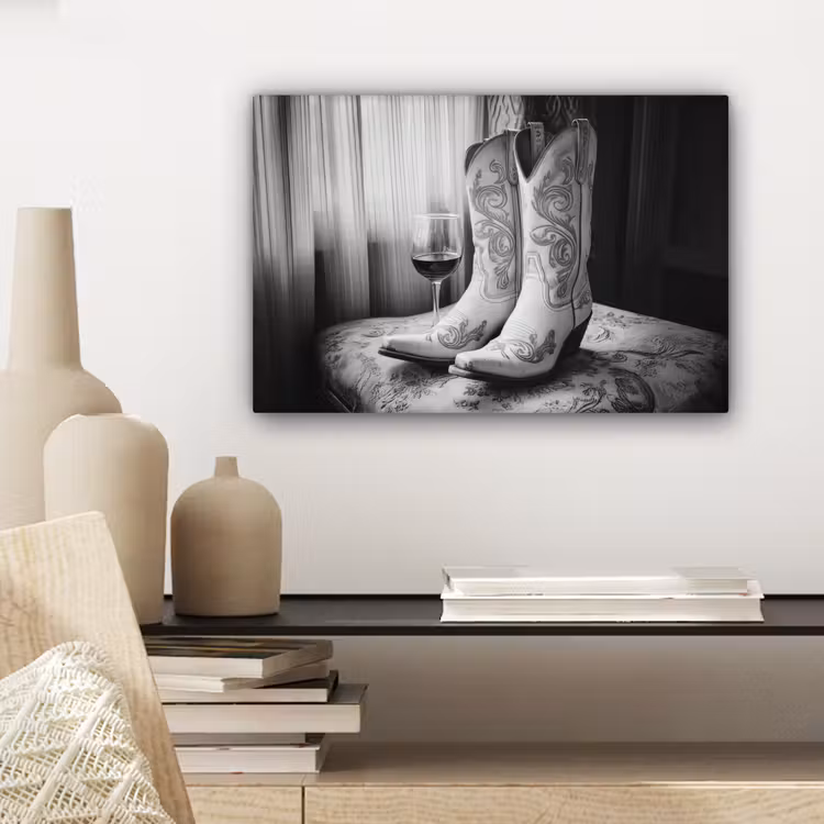 Canvas schilderij - Wijn - Cowboylaarzen - Raamlicht - Wit — 5