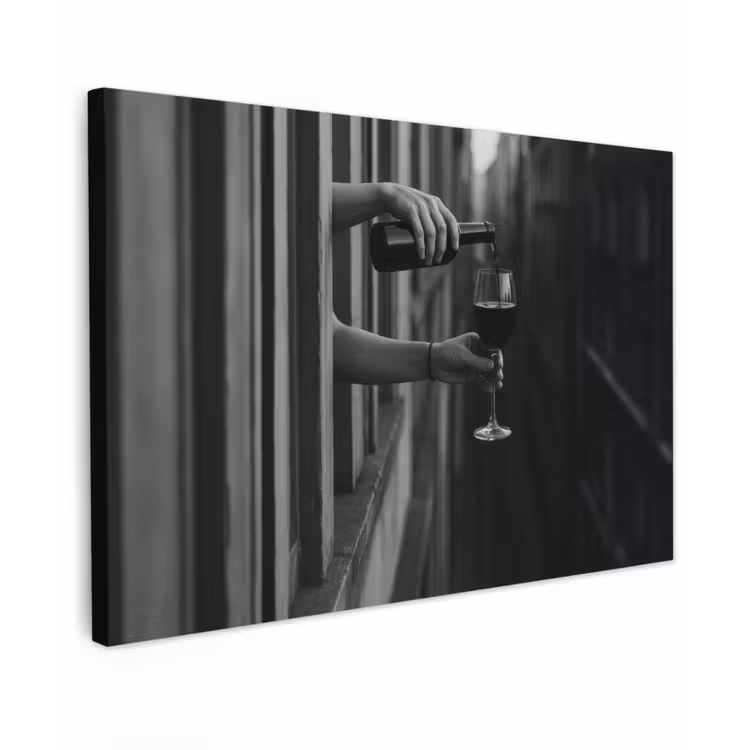 Canvas schilderij - Wijnfles - Glas - Handen - Raam — 1