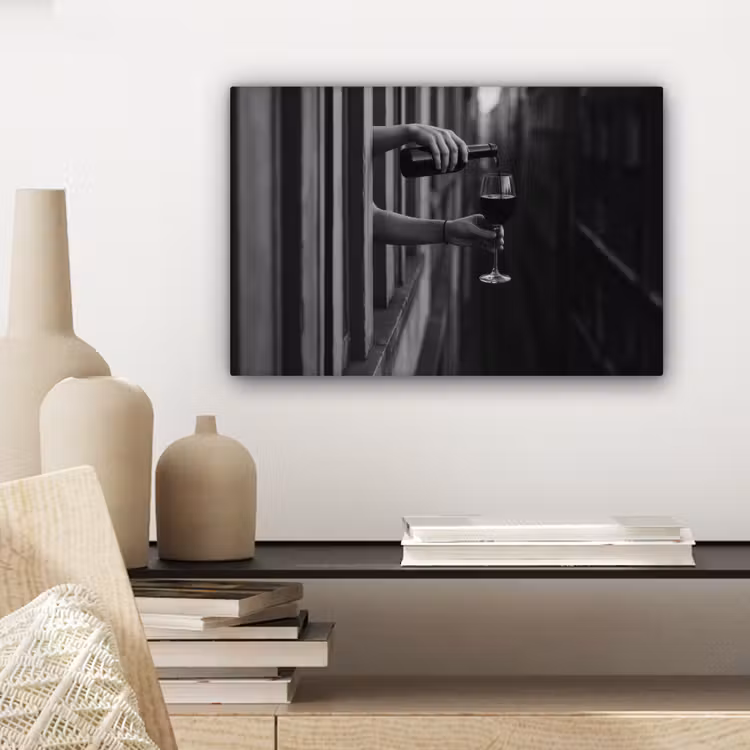 Canvas schilderij - Wijnfles - Glas - Handen - Raam — 5