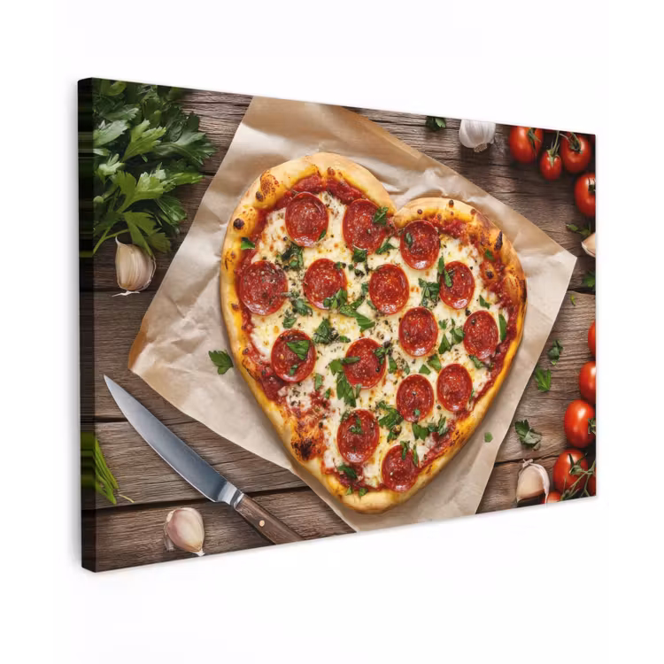 Canvas schilderij - Pizza - Hart - Pepperoni - Tomaat — 1