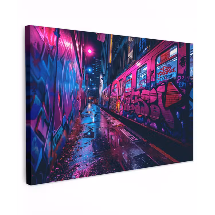 Canvas schilderij - Stad - Neon - Nacht - Roze - Graffiti — 1