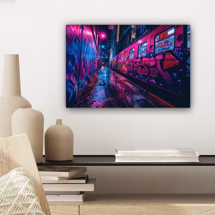 Canvas schilderij - Stad - Neon - Nacht - Roze - Graffiti — 5