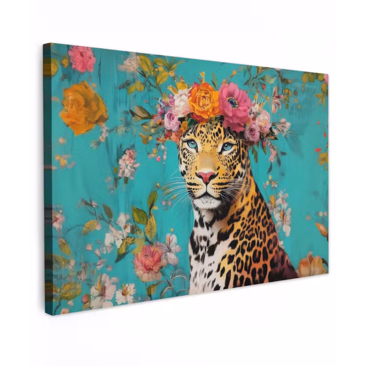 Canvas schilderij - Luipaard - Bloemen - Kroon — 1