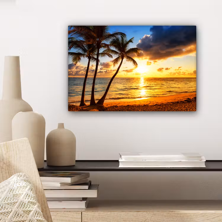 Canvas schilderij - Strand - Horizon - Zonsondergang - Palmboom - Zee — 5