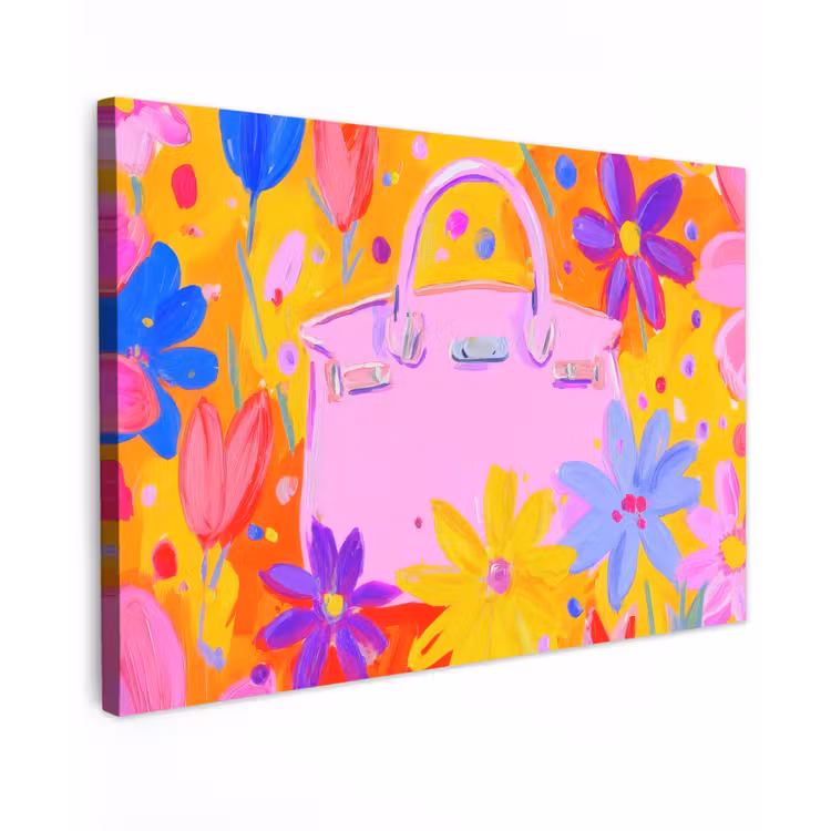 Canvas schilderij - Tas - Roze - Bloemen — 1