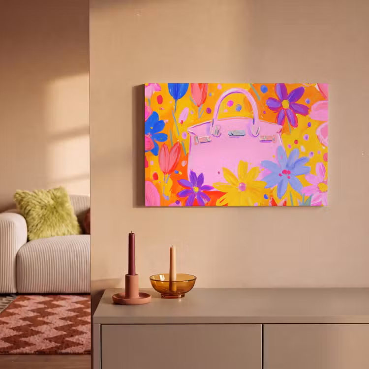 Canvas schilderij - Tas - Roze - Bloemen — 2