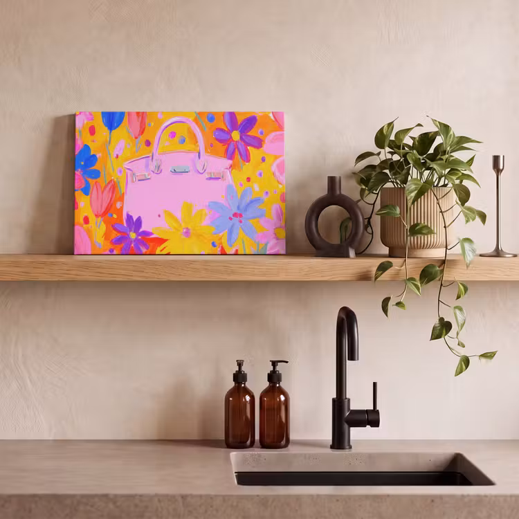 Canvas schilderij - Tas - Roze - Bloemen — 3