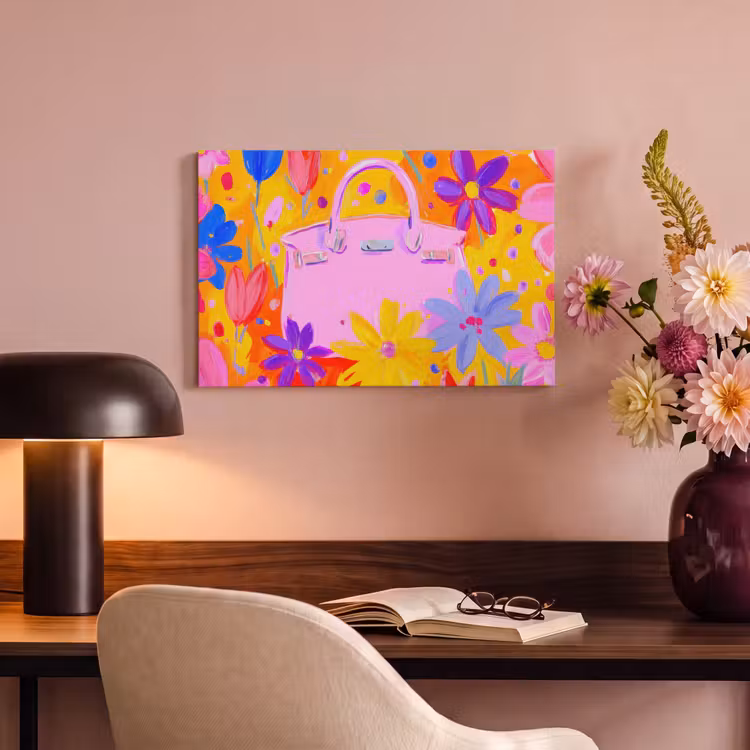 Canvas schilderij - Tas - Roze - Bloemen — 4