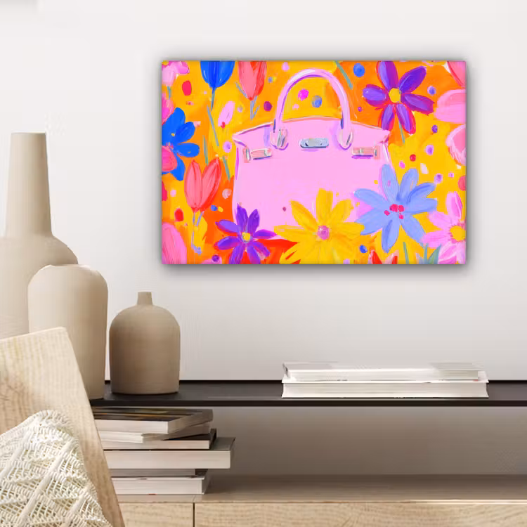 Canvas schilderij - Tas - Roze - Bloemen — 5