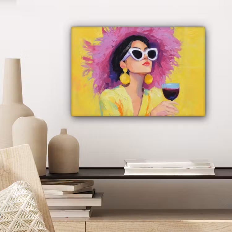 Canvas schilderij - Vrouw - Hoed - Paars - Wijn — 5