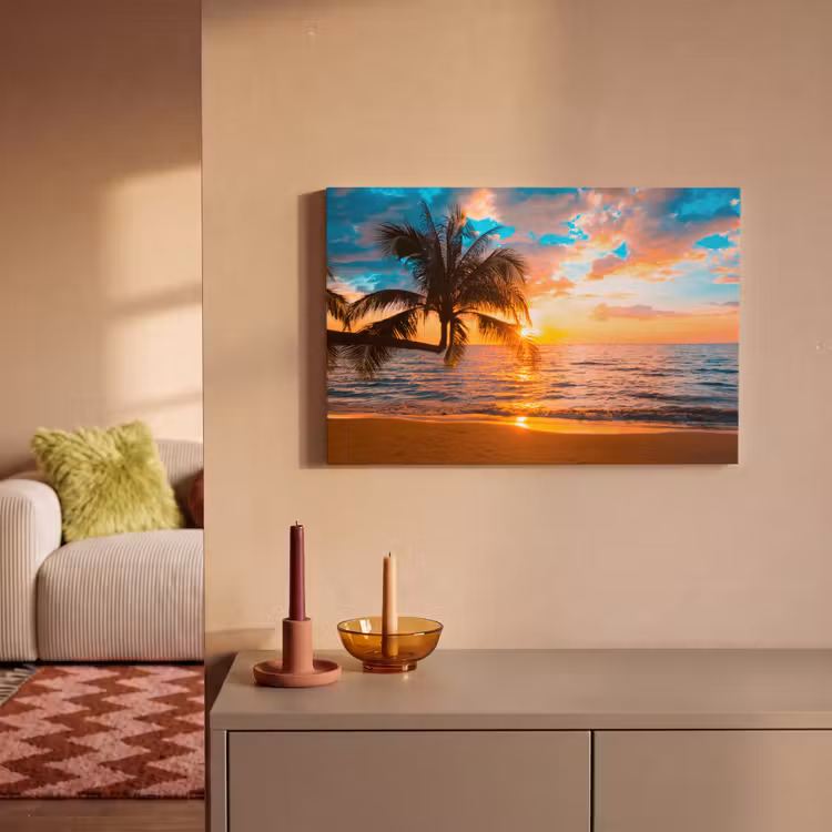 Canvas schilderij - Palm - Zonsondergang - Horizon - Strand - Zee - Tropisch — 2