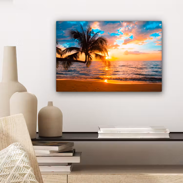 Canvas schilderij - Palm - Zonsondergang - Horizon - Strand - Zee - Tropisch — 5