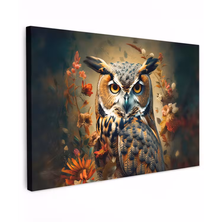 Canvas schilderij - Uil - Vogel - Bloemen - Planten - Botanisch — 1