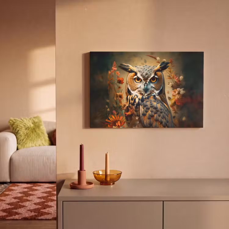 Canvas schilderij - Uil - Vogel - Bloemen - Planten - Botanisch — 2