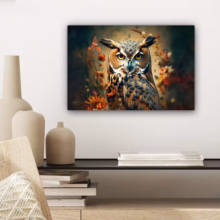 Canvas schilderij - Uil - Vogel - Bloemen - Planten - Botanisch — 5
