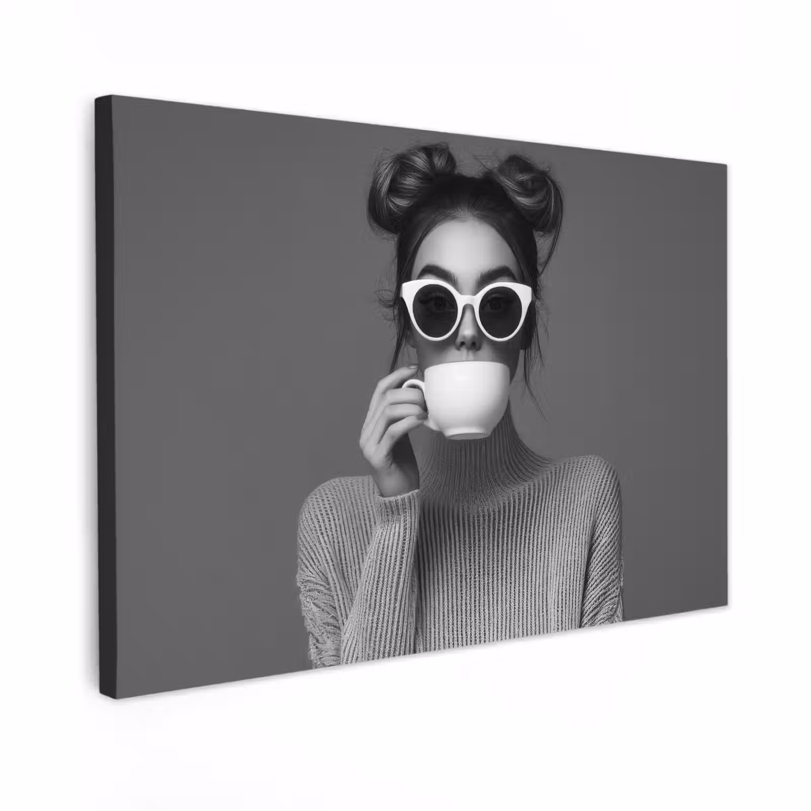 Canvas schilderij - Vrouw - Koffie - Zwart - Wit — 1
